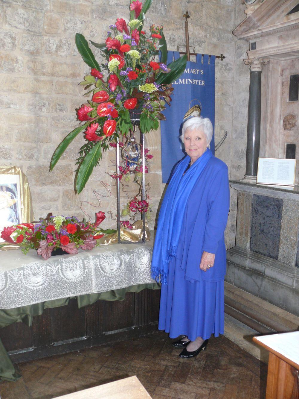 Jan Mowlem of Ile Valley Flower Group, with the Queen's Diamond Jubilee display, made by group member Dorothy Briggs at the Flower Festival at the Minster.
