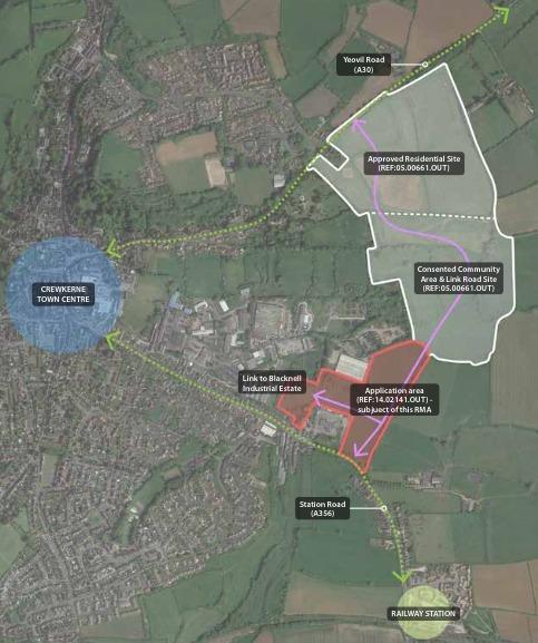 Chard & Ilminster News: Crewkerne's key site in the context of the city.  CREDIT: LHC Group.  Free to use for all BBC partners.