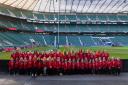 The women rugby refs line up before the England-Japan men's match at Twickenham. Picture: Mark Hayward
