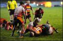 Chard players dominate the tackle. Picture: Bridgwater & Albion RFC
