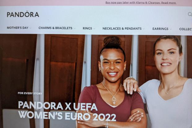 Photo of the Pandora website shows the UEFA Women's Euro 2022 collection page.