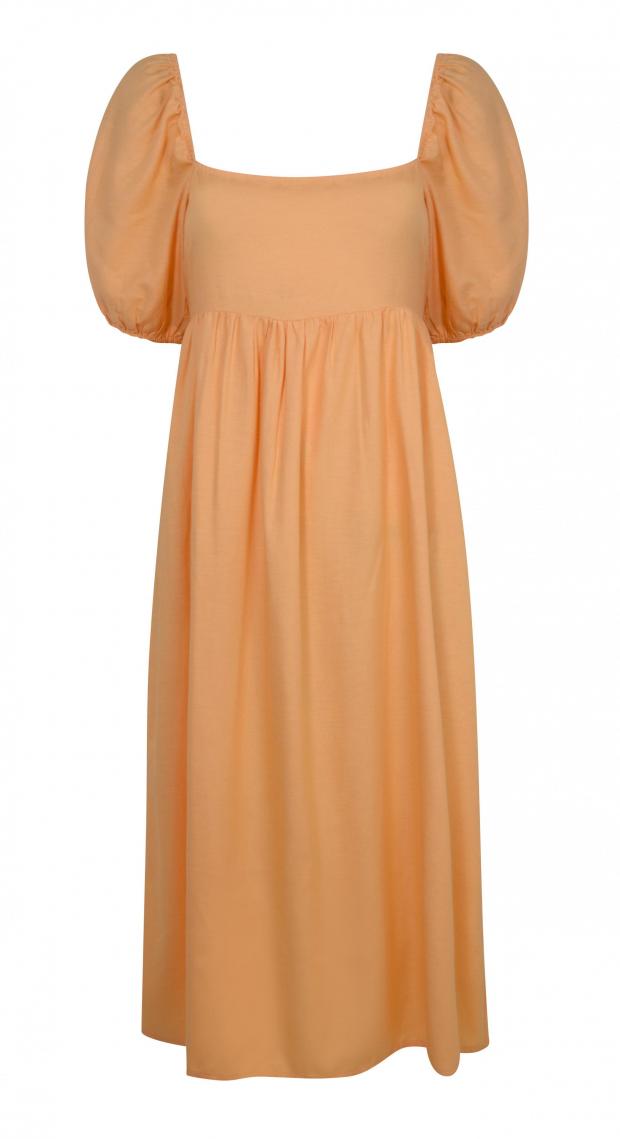Chard & Ilminster News: Bright Orange Linen-Look Puff Sleeve Midi Dress. Credit: New Look