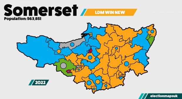 Chard & Ilminster News: Map Of The 2022 Local Election Results In Somerset. CREDIT: Election Maps. Free to use for all BBC wire partners.