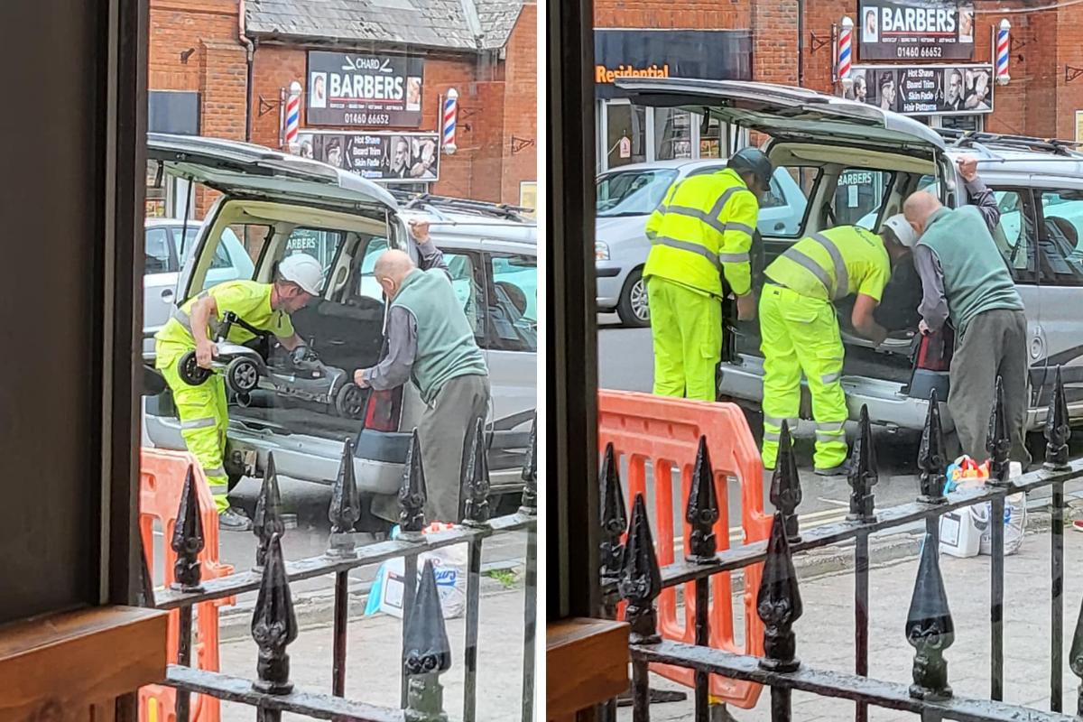 Workers improving Fore Street's pavement have been praised by members of the public after helping a man with his mobility scooter. Pictures: Nicole Hooper