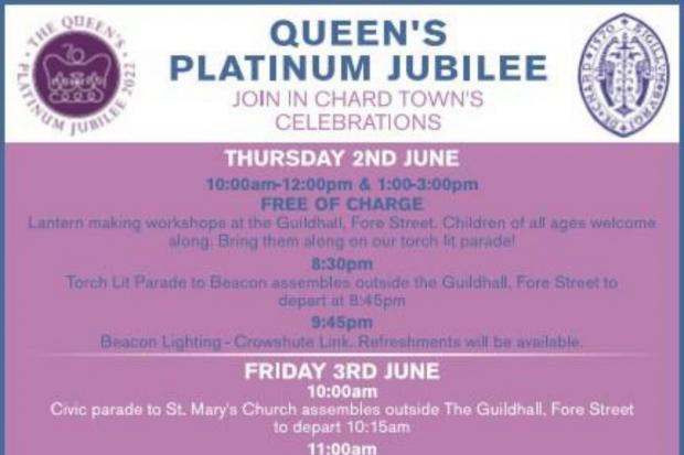 A poster with the list of all the events taking place in Chard to celebrate the Queen's Platinum Jubilee