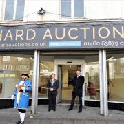 OPENING: Chard Town Crier, Stuart Cumming, Chard Mayor, Jason Baker and Stuart Bull, owner of the new Chard Auctions