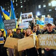 People take part in a demonstration on Whitehall, near to the entrance to Downing Street, London, following the Russian invasion of Ukraine. Picture: Dominic Lipinski, PA Wire